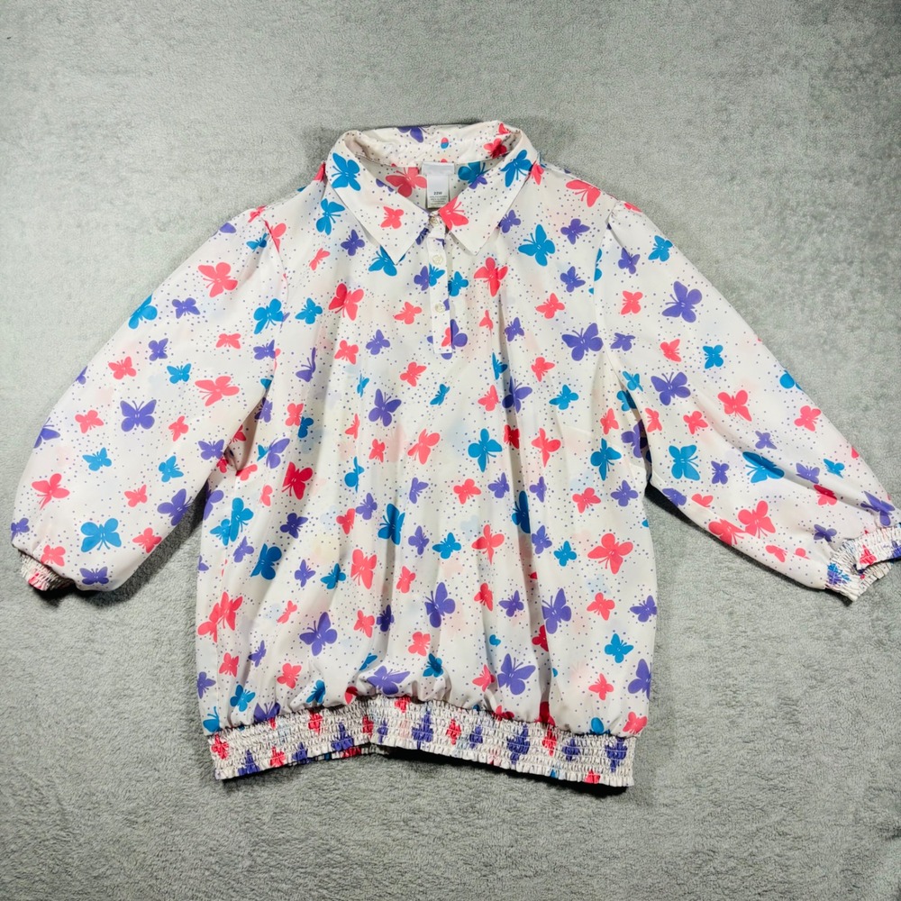 Bend Over Blouse Women 22W White Butterfly‎ Print Smocked Hem 3/4 Sleeve Top